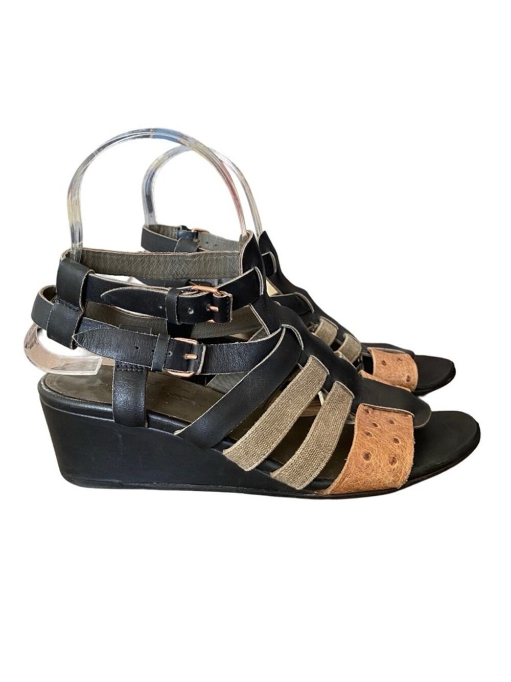 Balenciaga Paris Black Leather Ostrich Wedge Gladiator Sandals size 8